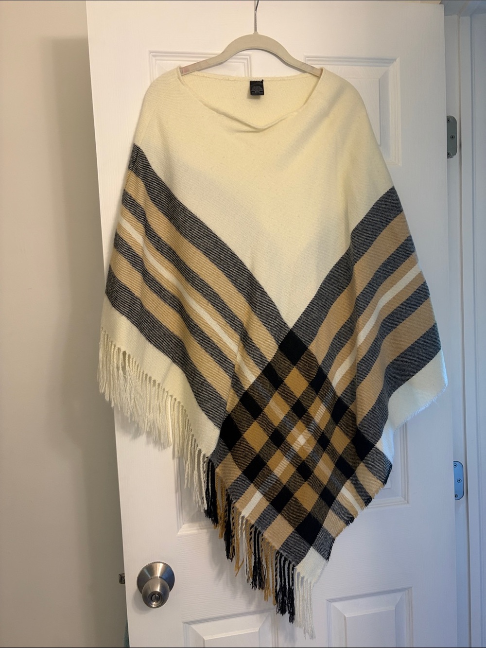 Ivory Plaid Fringe Poncho - Neutral Stripes